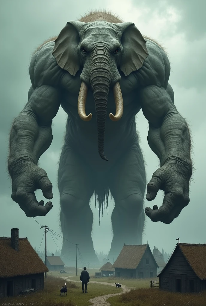 **Titan, the Giant Elephant:**
- A towering elephant with a human-like body looms menacingly over a small village. The elephant is enormous, with thick, wrinkled skin, tusks, and a muscular human torso. His eyes are filled with malice, and he has holding a kitten in his right hand