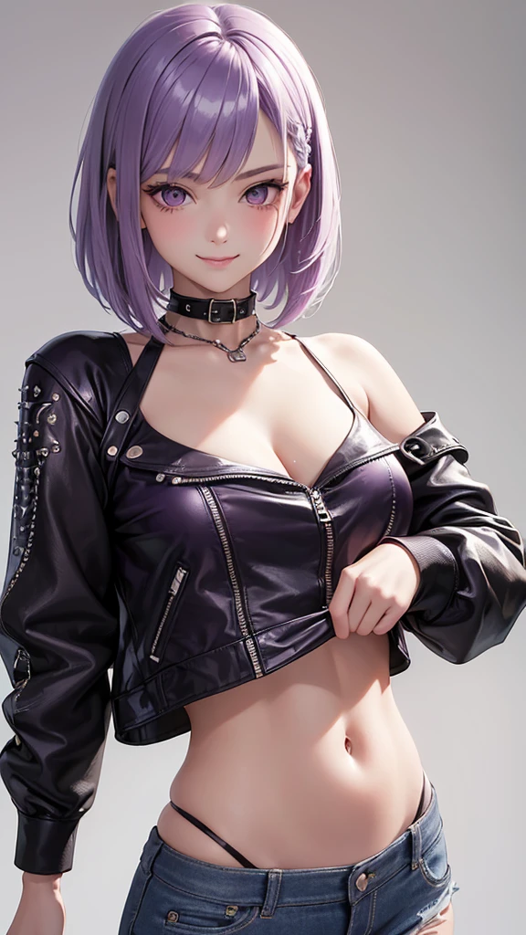 Best Quality,High resolution,8k,(plain white background, no patterns, no textures, just a plain white background:1.3),Masterpiece:1.2),beautiful girl,Big Breasts,(Shiny purple hair:1.3),bob cut,Beautiful purple eyes,A girl wearing a black leather jacket with metal studs, ripped jeans, and a band T-shirt, embodying a rebellious punk rock style,Gentle look,A refreshing look,smile,Best quality,Best Quality,Aesthetic and aesthetic:1.2,Best details((Super detailed))(High-definition CG illustrations),Slender body,smile,blush,cute,Scrounge,Looking up,Being spoiled,indian style