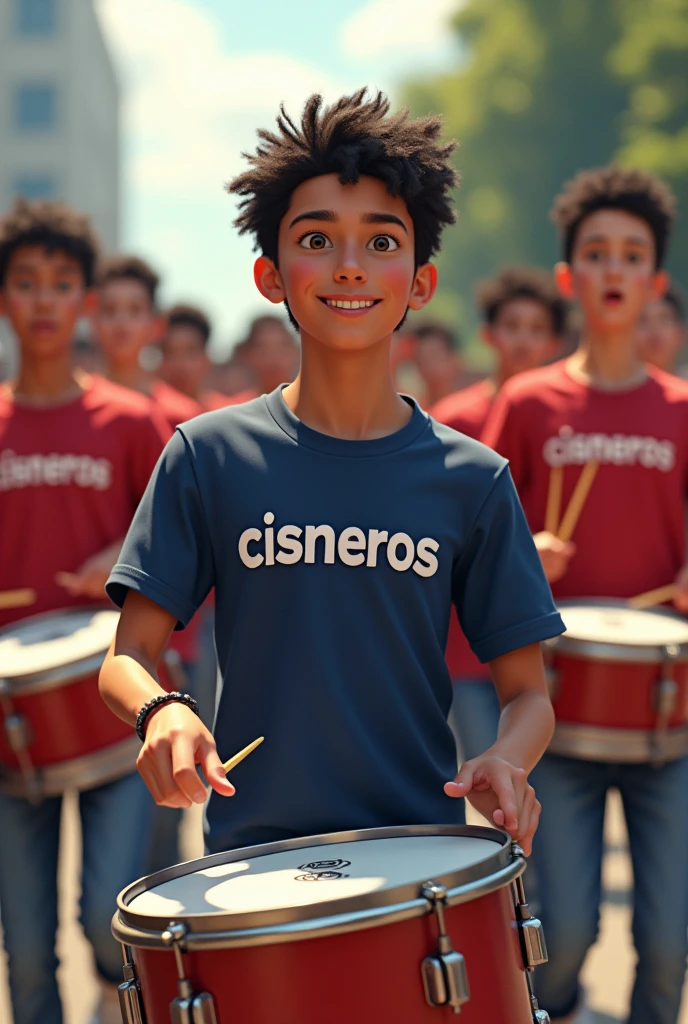 Teenagers wearing a navy blue, red and white t-shirt that says "Cisneros" playing percussion instruments in a marching band
