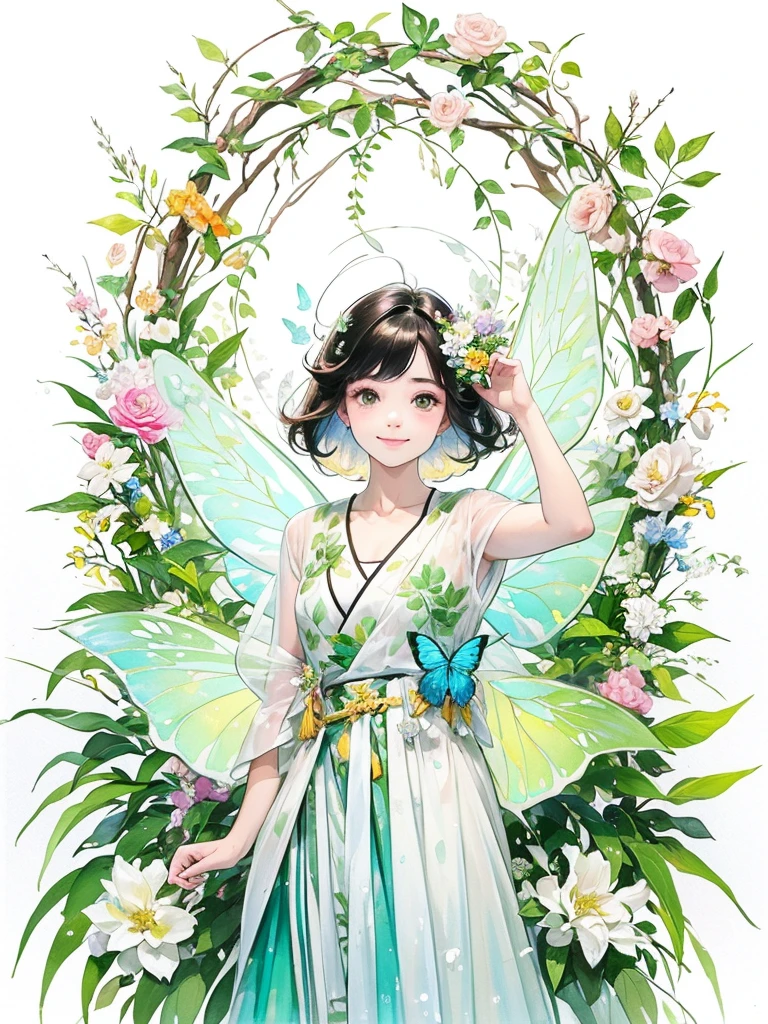 (masterpiece、Highest quality、Highest quality、Beautiful and beautiful:1.2)、Excellent anatomy、(Watercolor painting 1.5)、Composition looking up from a low position、Long Shot、Straight short hair picture、Beautiful smile、Butterfly fairy costume、Pure white、Pure、charm、Colorful flowers, Flowers and leaves green wind、Botanical Art, Mr.々A pose