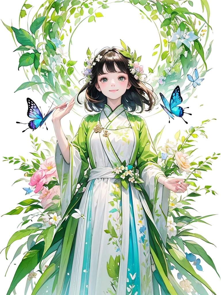 (masterpiece、Highest quality、Highest quality、Beautiful and beautiful:1.2)、Excellent anatomy、(Watercolor painting 1.5)、Composition looking up from a low position、Long Shot、Straight short hair picture、Beautiful smile、Butterfly fairy costume、Pure white、Pure、charm、Colorful flowers, Flowers and leaves green wind、Botanical Art, Mr.々A pose