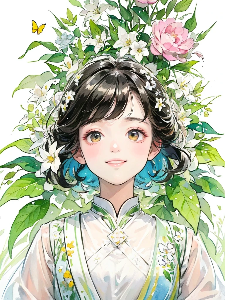 (masterpiece、Highest quality、Highest quality、Beautiful and beautiful:1.2)、Excellent anatomy、(Watercolor painting 1.5)、Composition looking up from a low position、Long Shot、Straight short hair picture、Beautiful smile、Butterfly fairy costume、Pure white、Pure、charm、Colorful flowers, Flowers and leaves green wind、Botanical Art, Mr.々A pose