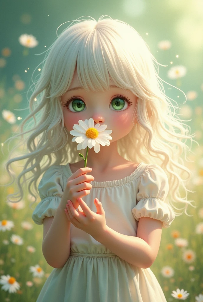 White hair, green eyes, cute teenager, kissing the flower in her hand, pouring light, flower, fluttering in the wind