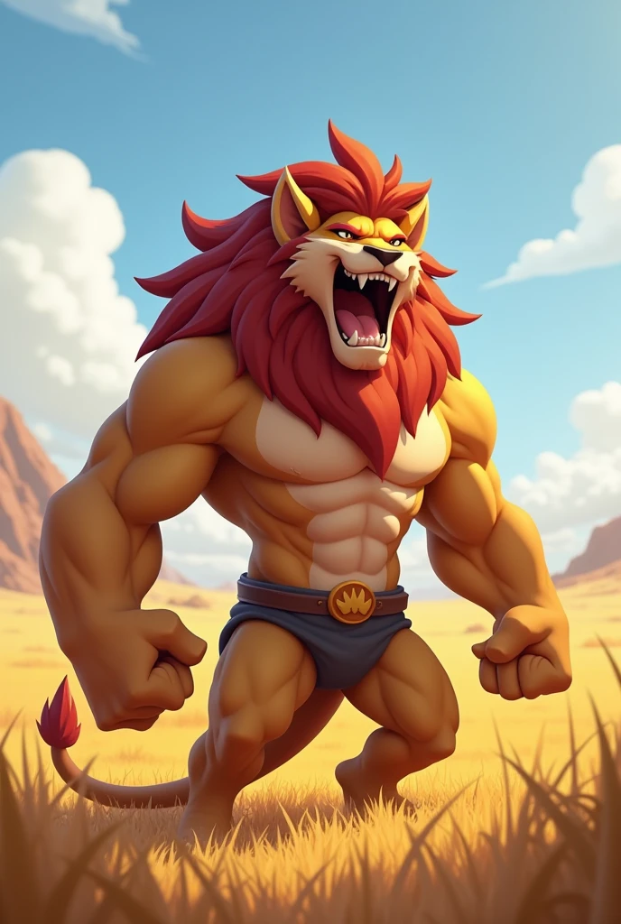 Detailed picture of a confident male anthro, (Lio, n, lean body) standing proudly on the middle of the savanna, roaring with his mouth wide open. trending on Art Station, Ross Tran, ruan jia, foxovh, ((determined expression, cartoon