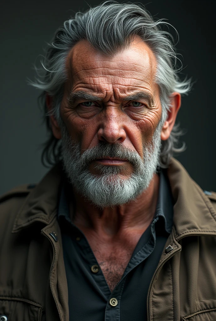 He is described as a strong angry man , with a 40-year-old appearance and worn by life and robust