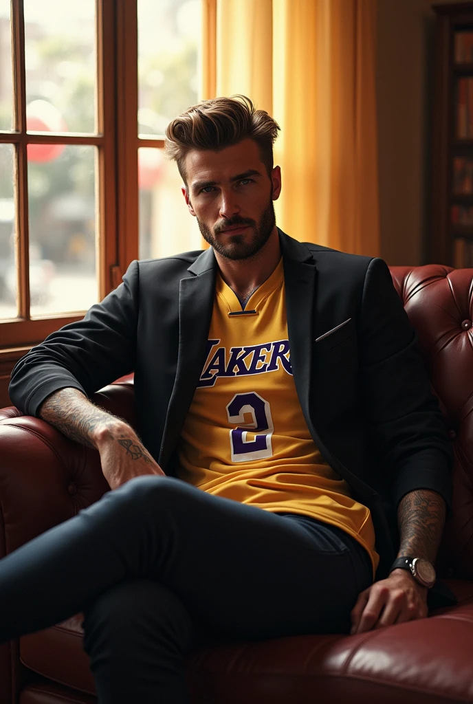 (photorealism:1.2), beautiful man, sitting on chair, wearing lakers jersey, black jacket, hairstyle like David Beckham in 2016, arms without tattoo, outdoors, soft lighting, street of Tbilisi background, window with sunlight, cozy room, relaxed pose, realistic, intricate details, warm colors, by Greg Rutkowski, by Alphonse Mucha, no tattooes on hands