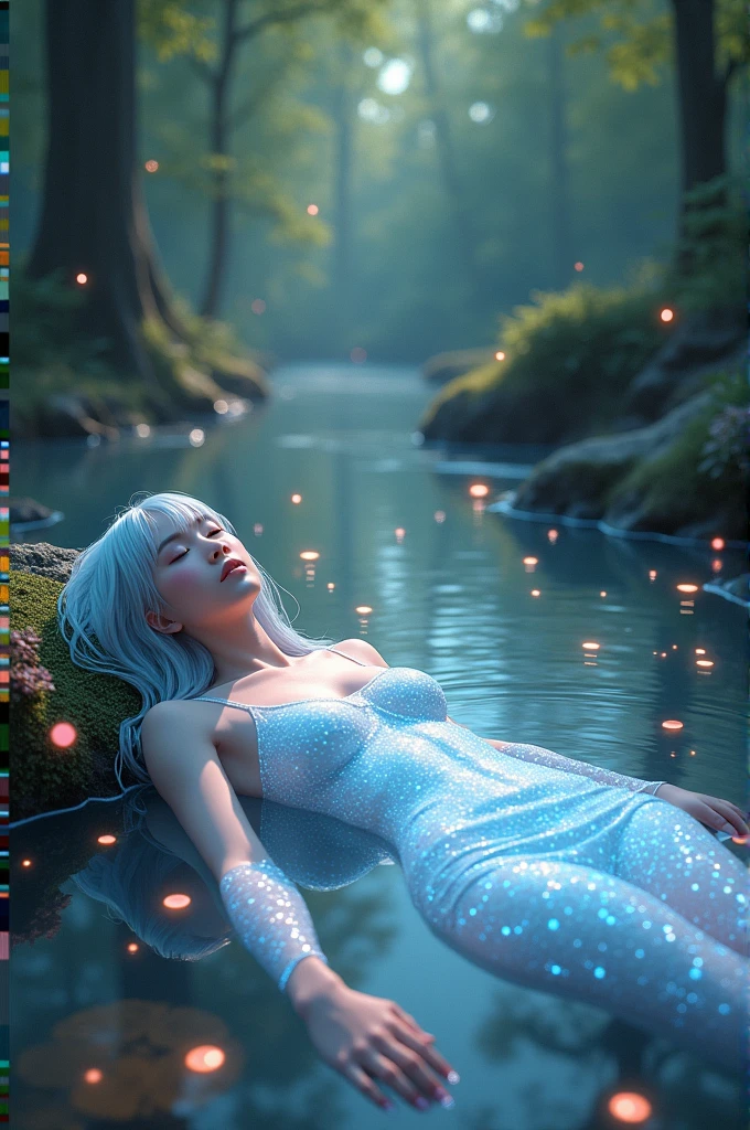 "A 26-year-old Thai woman wearing glasses. She is a woman with silver bangs. and beautiful face Holographic translucent body Lie on your back, stretched out, soaking in the water in the middle of the stream. until the body is soaked with water In a big forest with many colored leaves There were white, pink, gold, and blue lights shimmering all around. Wide angle art, see the whole body universe backdrop Digital Painting, 3D Characters, Colorful Oil Paintings, TOA"