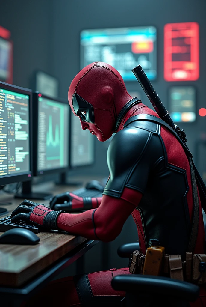 Deadpool from behind on a computer