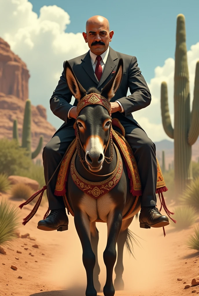 Create an image of a bald, dark-skinned mayor with a mustache going to live on a donkey with a saddle and cacuay