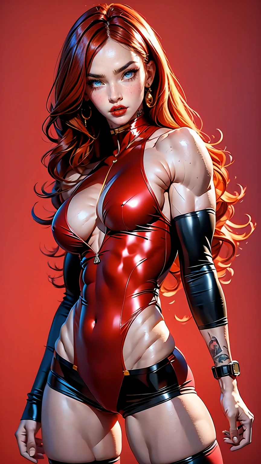 (megan fox), (1 girl), young girl, bodybuilder physique, seductive face, seductive look, long red hair, perfect muscular body, long thin legs, (silk lingerie & thigh highs), small breasts, (huge muscular shoulders:1.45), (full body shot), (blank background:1.25), MeganF_SoloTI_v1