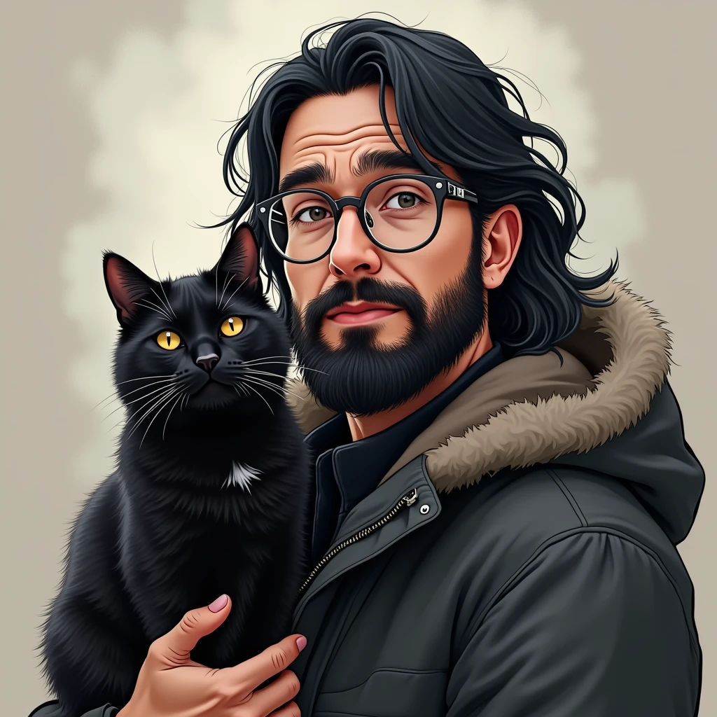 A 40-year-old man with long black hair and a beard、Wearing glasses and carrying a black cat。