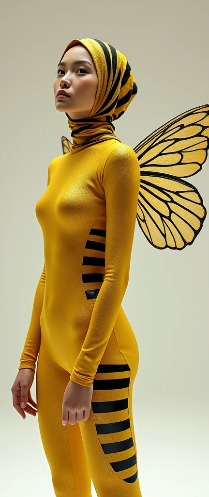  
a beautiful and thin malaysian asian muslim adult girl with a shiny and beautiful face wears yellow bee lycra turtleneck unitard catsuit covered with black stripes with a pair of wings and always wear bee lycra dancewear hijab covered with black stripes.She is buzzing.