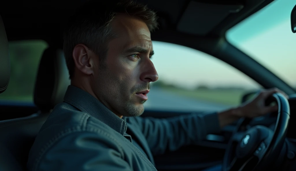 scene of a man sitting inside a car asking