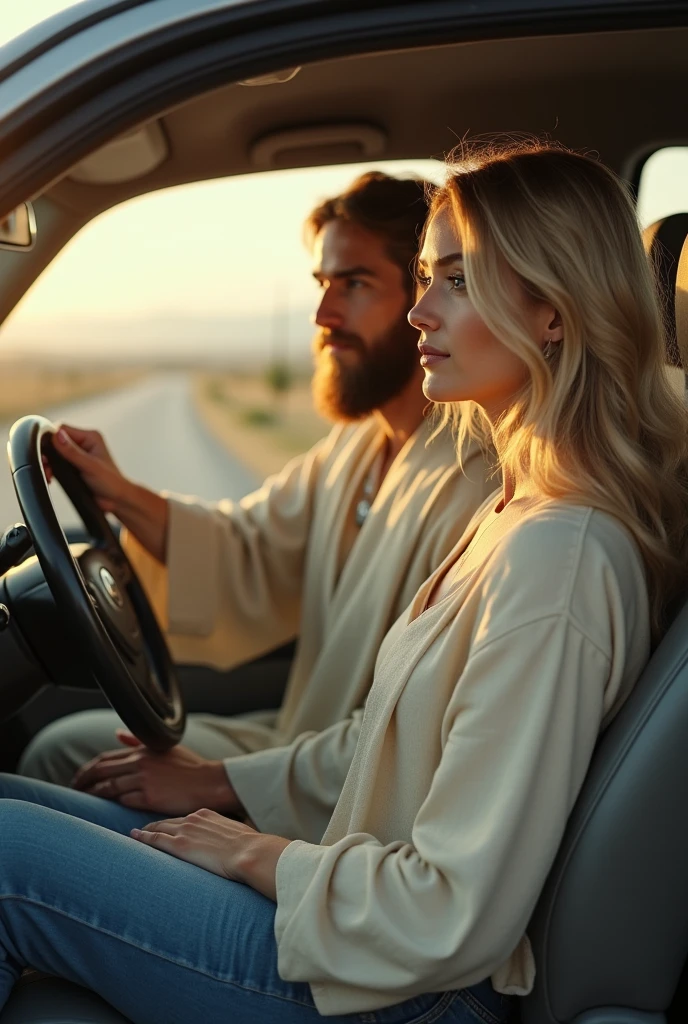 Blonde woman in jeans and a long-sleeved blouse in the car driving and Jesus next to her supporting her