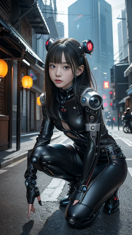 high quality、masterpiece, Too much exposed skin, Beautiful , Sitting or kneeling, skinny, small skinny girls, Cute Face, ((cyber punk)), ((赤色レザーのcyber punkの服を着る)), , futuristic cyber punk, Innocent, Playful, Famous Japanese actresses, Very beautiful face、((The background is a future city))、((A terrifyingly eerie sky))