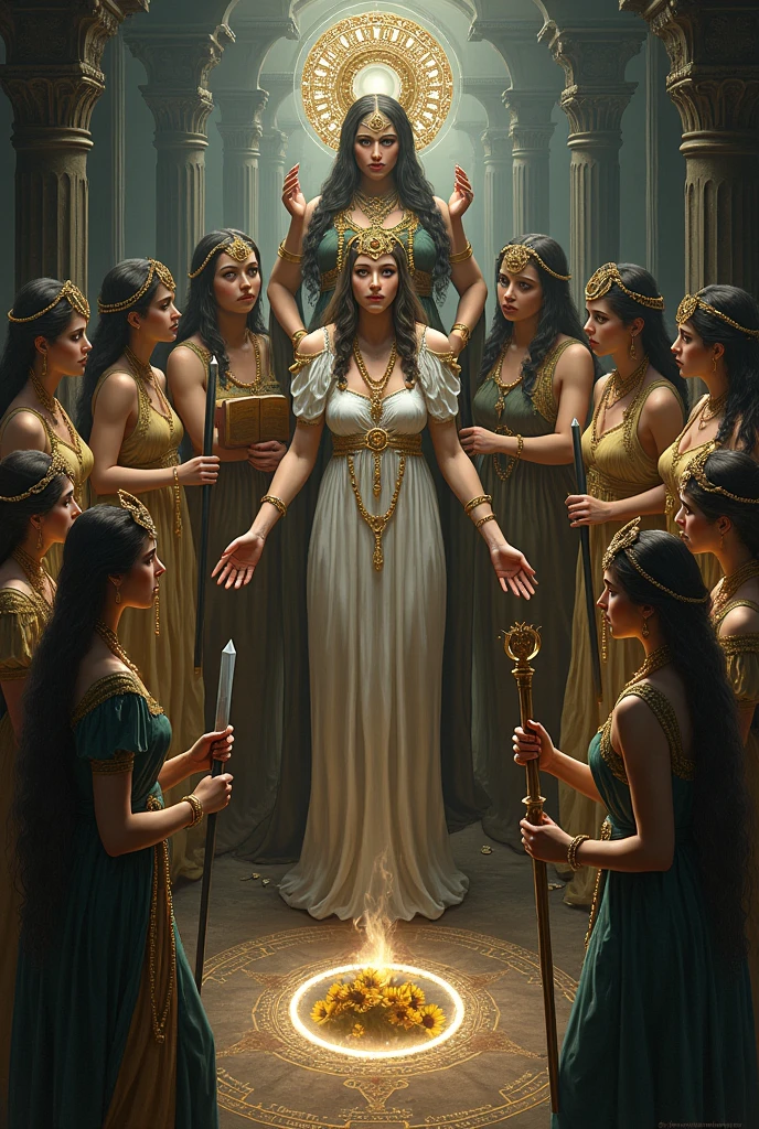 Create a picture with Hekate and 13 apostles including 7 men and 6 women Hekate consists of three forms: sister, mother and grandmother The first male apostle named Lite was tall and muscular, holding a sword The second male apostle named Hite holds a bow The third male apostle named Pite holds a book The fourth male apostle named Gite holds a mace The 5th male apostle named Rite holds the pearl The 6th male apostle named Qite holds the torch The 7th male apostle named Kite holds a moon staff that swallows the sun The first female apostle named Vite holds a sunflower The second female apostle named Mite holds a knife The third female apostle named Yite holds the key The fourth female apostle named Tite holds the chain The 5th female apostle named Site holds a crystal cup The 6th female apostle named Cite holds a fan