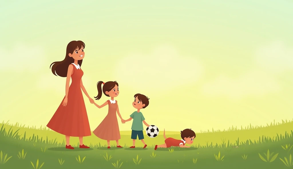 clothes, a mother in a long dress, an 8-year-old girl in a long dress, a 5-year-old boy with a soccer ball in his hand and a 1-year-old baby crawling, all smiling and in a wonderful green field.
, children's cartoon style, minimalist