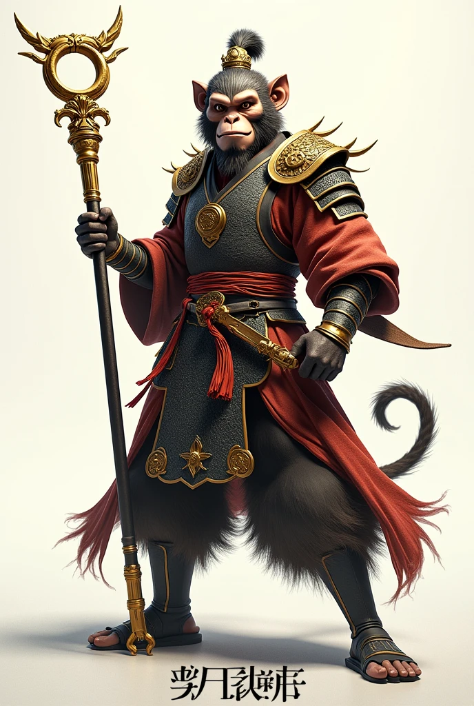 The words "black myth" written in large letters at the bottom of the screen, Full body view, ((masterpiece, highest quality, Highest image quality, High resolution, photorealistic, Raw photo, 8K)), ((Extremely detailed CG unified 8k wallpaper)), (Sun Wukong holds a golden stick), A monkey-faced man in ancient Chinese armor wields a golden clothesline, (Simple background, White background:1.3),
