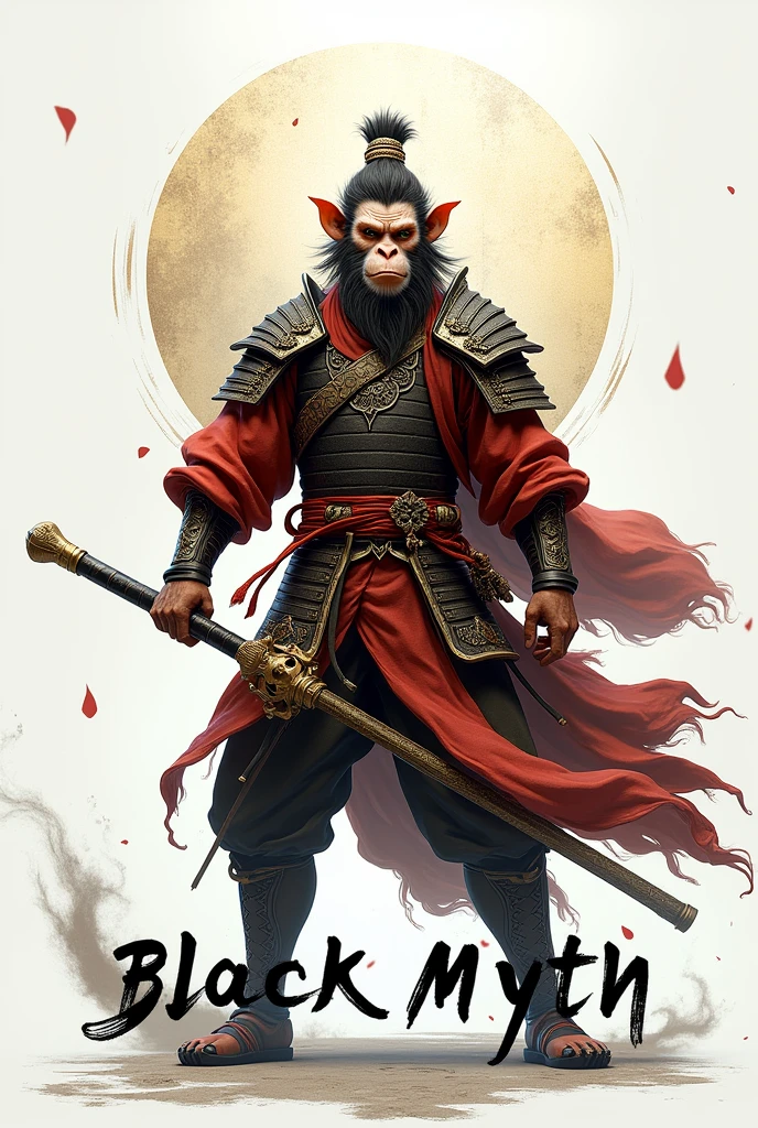 The words "black myth" written in large letters at the bottom of the screen, Full body view, ((masterpiece, highest quality, Highest image quality, High resolution, photorealistic, Raw photo, 8K)), ((Extremely detailed CG unified 8k wallpaper)), (Sun Wukong holds a golden stick), A monkey-faced man in ancient Chinese armor wields a golden clothesline, (Simple background, White background:1.3),