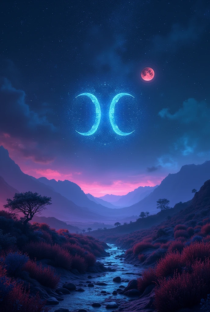 Highly detailed, dark night, bright moonlight, Gemini constellation in the sky, neon colors, 4k definition, 3D image