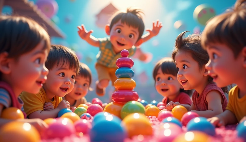A colorful 3D stack ball game scene, a group of happy children watching and interacting with the game, vibrant colors, dynamic composition, whimsical and playful atmosphere, detailed character expressions, cinematic lighting, 8k, high quality, concept art, visually stunning, photorealistic
