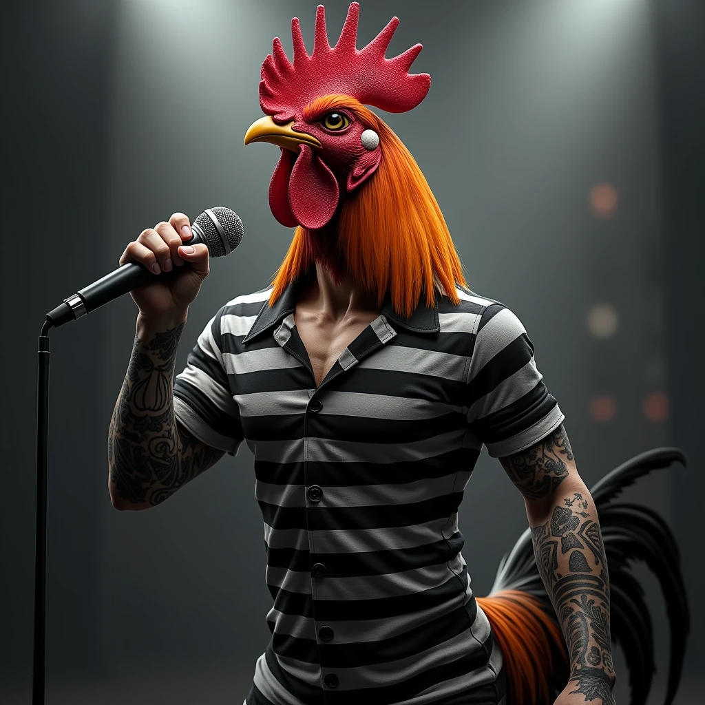 realistic image of a rooster with red orange and black feathers, in black and white striped prison clothes, with tattoos, singing with a microphone in his hand on stage, for the public
