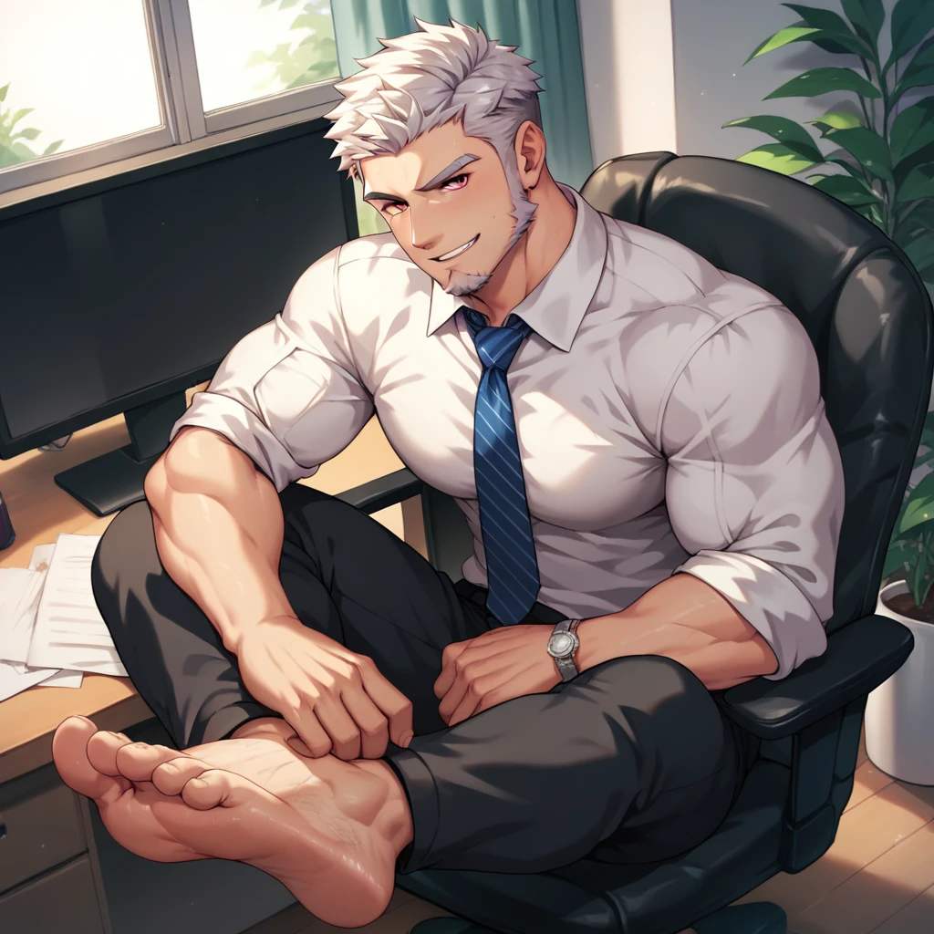 Man in suit,Show muscles,Showing stinky feet,Inside the office,short hair,short beard,white hair