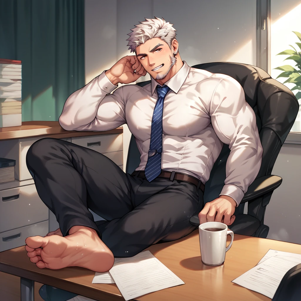 Man in suit,Show muscles,Showing stinky feet,Inside the office,short hair,short beard,white hair