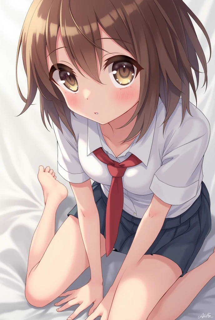 Photorealistic、High resolution、1 female、Hip-up illustration enlarged、Beautiful Eyes、Ring Eye、Brown short hair、High School Uniform、White shirt、Without skirt、Short tie、White top and bottom underwear、Crouch、Spread your legs、Camel Toe