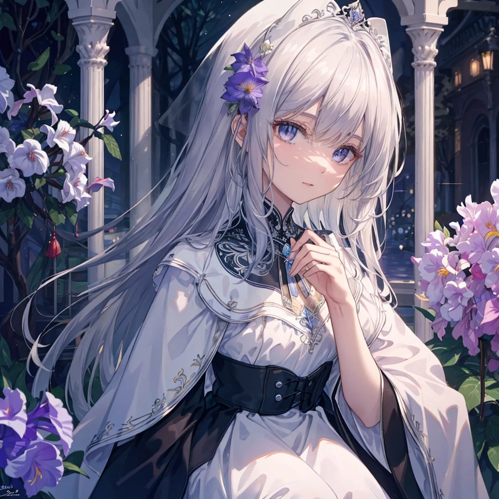 High definition RAW color art, Animation,sculptures, silver marble skin, (((Ultra detailed elegant))), Magical atmosphere, (Detailed skin, Texture (Intricately detailed, Fine detail, ultra-detailliert), red moonlight, depth of fields, Bokeh, silky touch, beautiful eyes, （Background of factory lined with パイプ), hyper detail, mat drawing,iris flowers,iris
