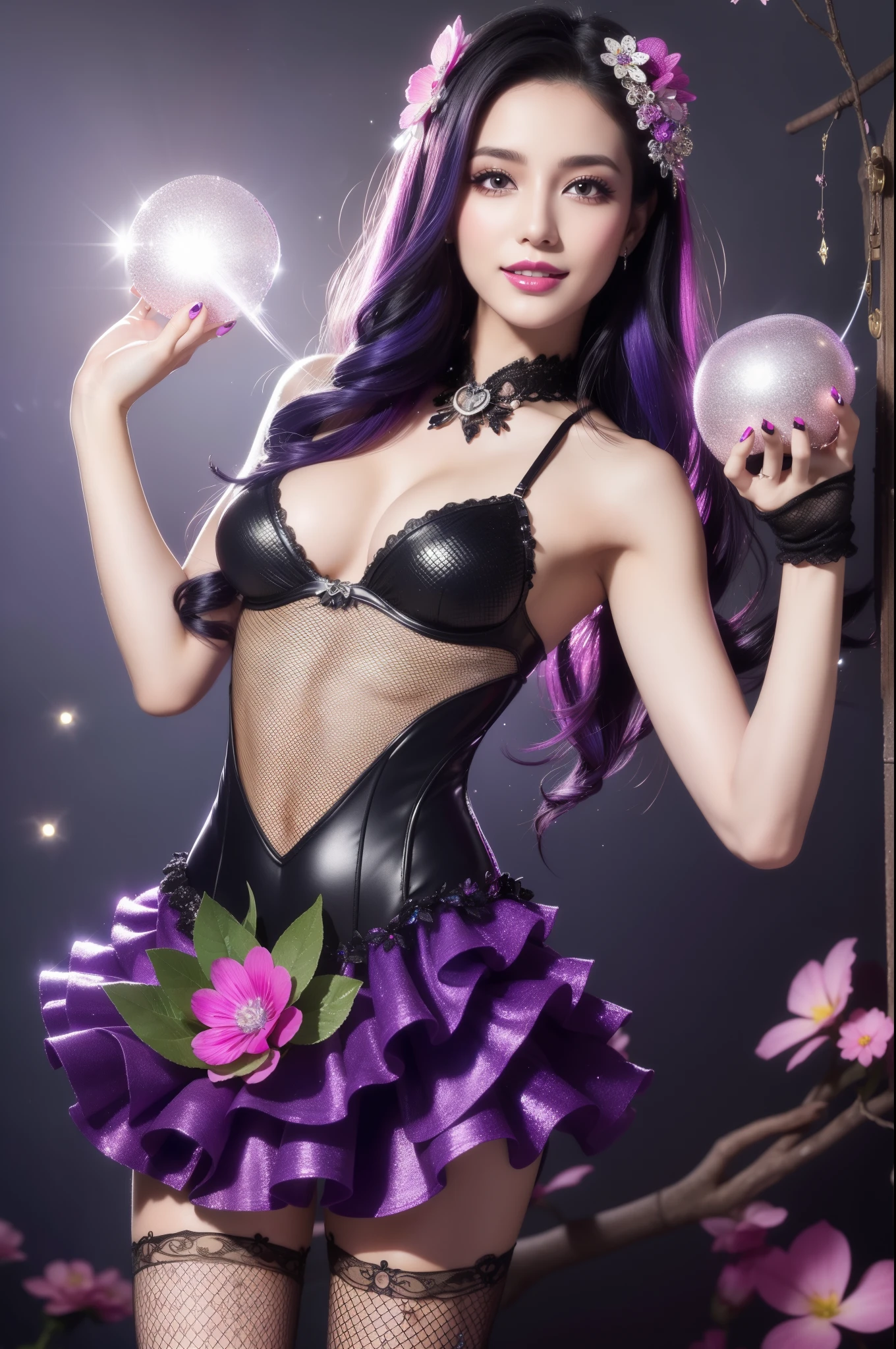 sexy Spanish model who controls poison、beautiful smile、lipgloss、smokey eyeshadow、look at the camera、full body Esbian、、sparkling poisoned flower costume、、、、sparkling Colorful hair、secrete poison、skull hair accessories、fishnet tights、shiny sparkling flowers background