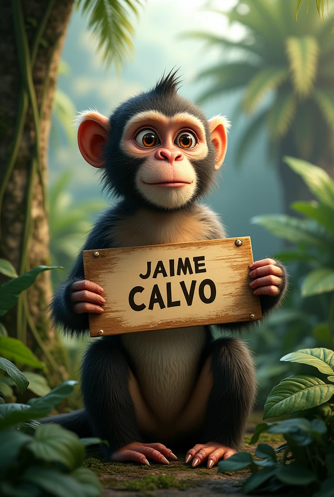 Realistic monkey in the jungle with a sign that says “Jaime Calvo”
