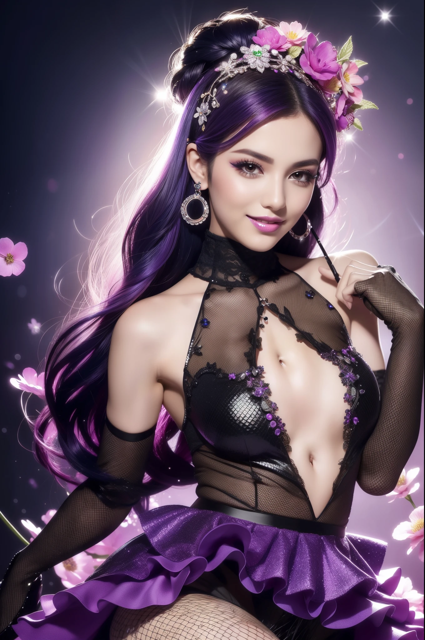 sexy Spanish model who controls poison、beautiful smile、lipgloss、smokey eyeshadow、look at the camera、full body Esbian、、sparkling poisoned flower costume、、、、sparkling Colorful hair、secrete poison、skull hair accessories、fishnet tights、shiny sparkling flowers background