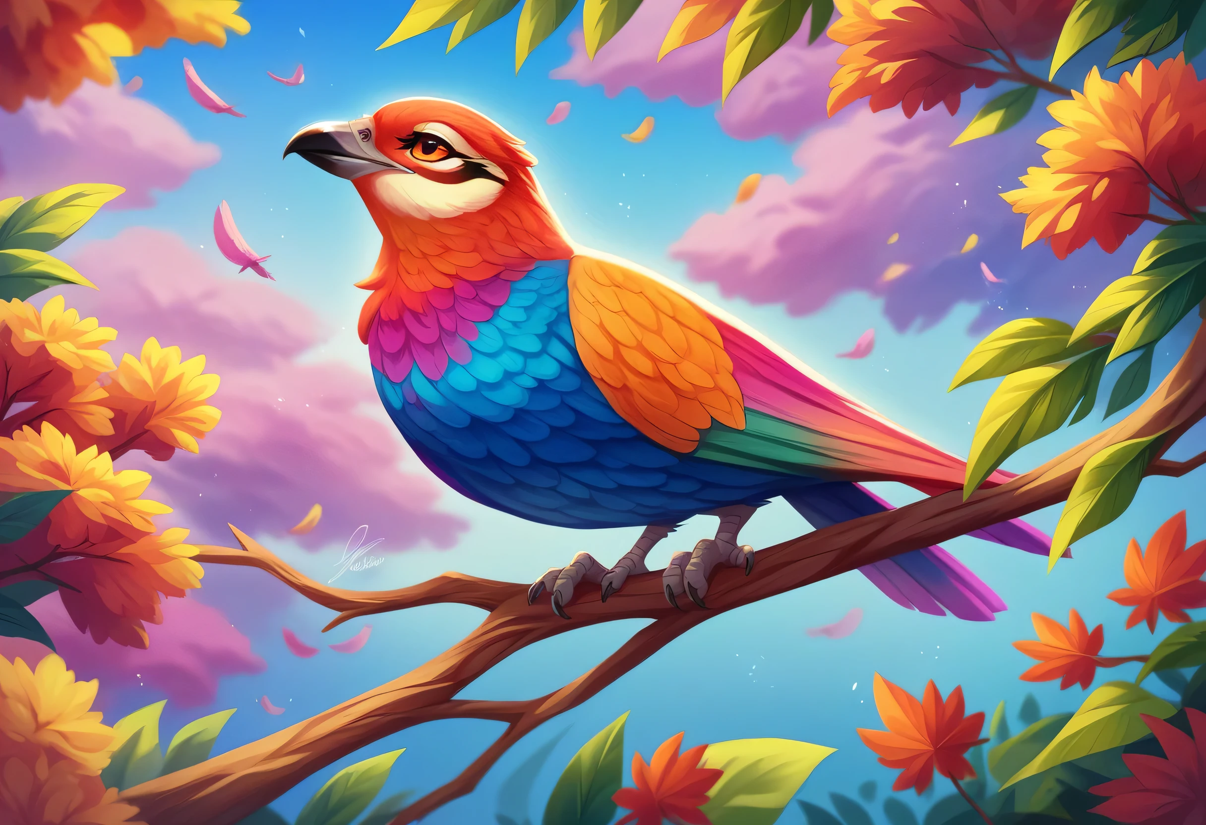 A brightly colored bird perched on a branch with leaves in the background, Colorful HD images, Beautiful and colorful, Colorful 8 k, Multicolored birds, Beautiful colorful, Long colorful bird, Beautiful and vibrant colors, With beautiful colors, Colorful 4K, Beautiful Art UHD 4K, Highly detailed digital art in 4K, Colorful feathers, Vibrant and realistic colors