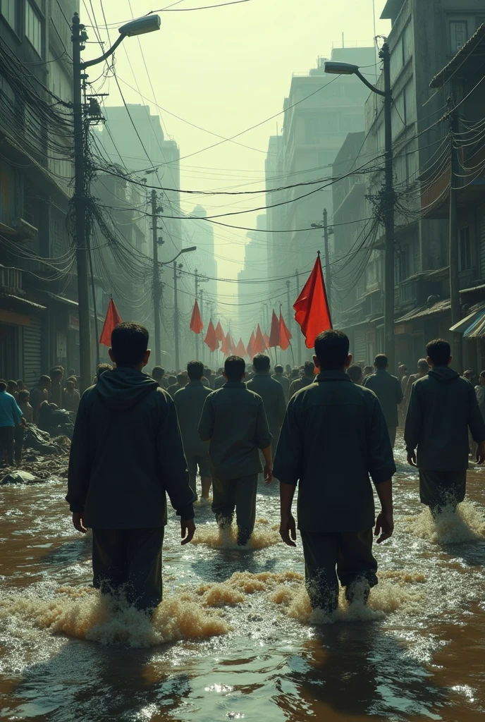 Create a picture that describes both the Bangladesh student movement and the flood situation in August 2024