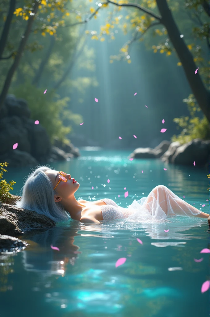 "A 26-year-old Thai woman wearing glasses. She is a woman with silver bangs. and beautiful face Holographic translucent body Lie on your back, stretched out, soaking in the water in the middle of the stream. until the body is soaked with water In a big forest with many colored leaves There were white, pink, gold, and blue lights shimmering all around. Wide angle art, see the whole body universe backdrop Digital Painting, 3D Characters, Colorful Oil Paintings, TOA"