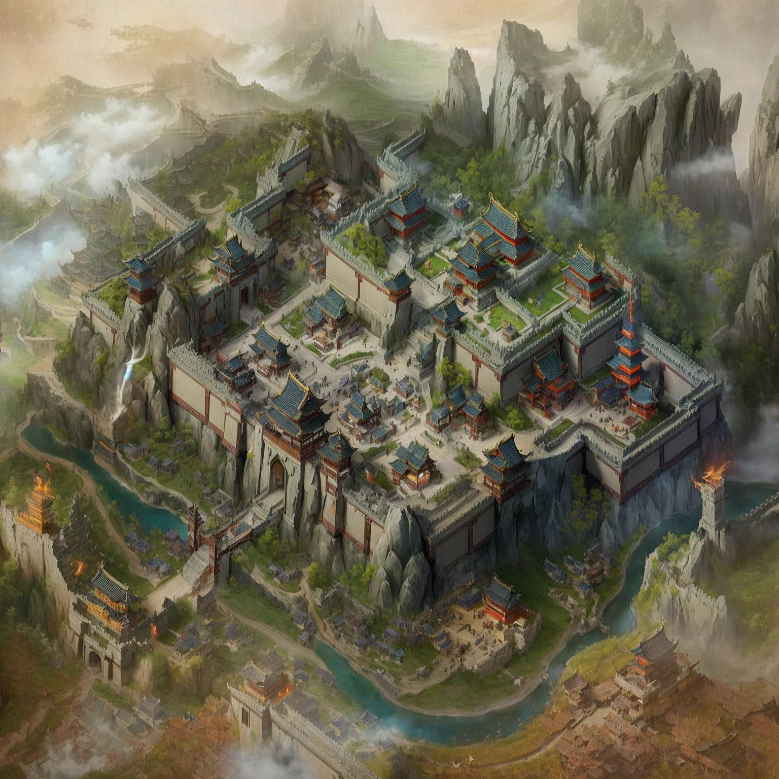 There is a building，There are many buildings on it, Beautiful rendering of the Tang Dynasty, Three Kingdoms of China, Game map painting, G Liulian art style, author：Yang J, Ancient city landscape, China Village, Cyberpunk Chinese Ancient Castle, Isometric Game Art, author 王鹗, by Li Zai, author：Ni Yuanlu, Steam Workshop Map