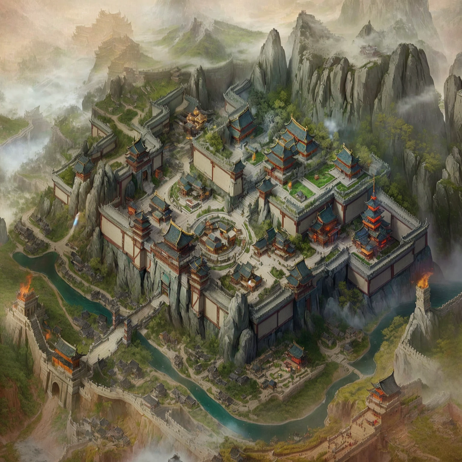 There is a building,There are many buildings on it, Beautiful rendering of the Tang Dynasty, Three Kingdoms of China, Game map painting, G Liulian art style, author:Yang J, Ancient city landscape, China Village, Cyberpunk Chinese Ancient Castle, Isometric Game Art, author 王鹗, by Li Zai, author:Ni Yuanlu, Steam Workshop Map