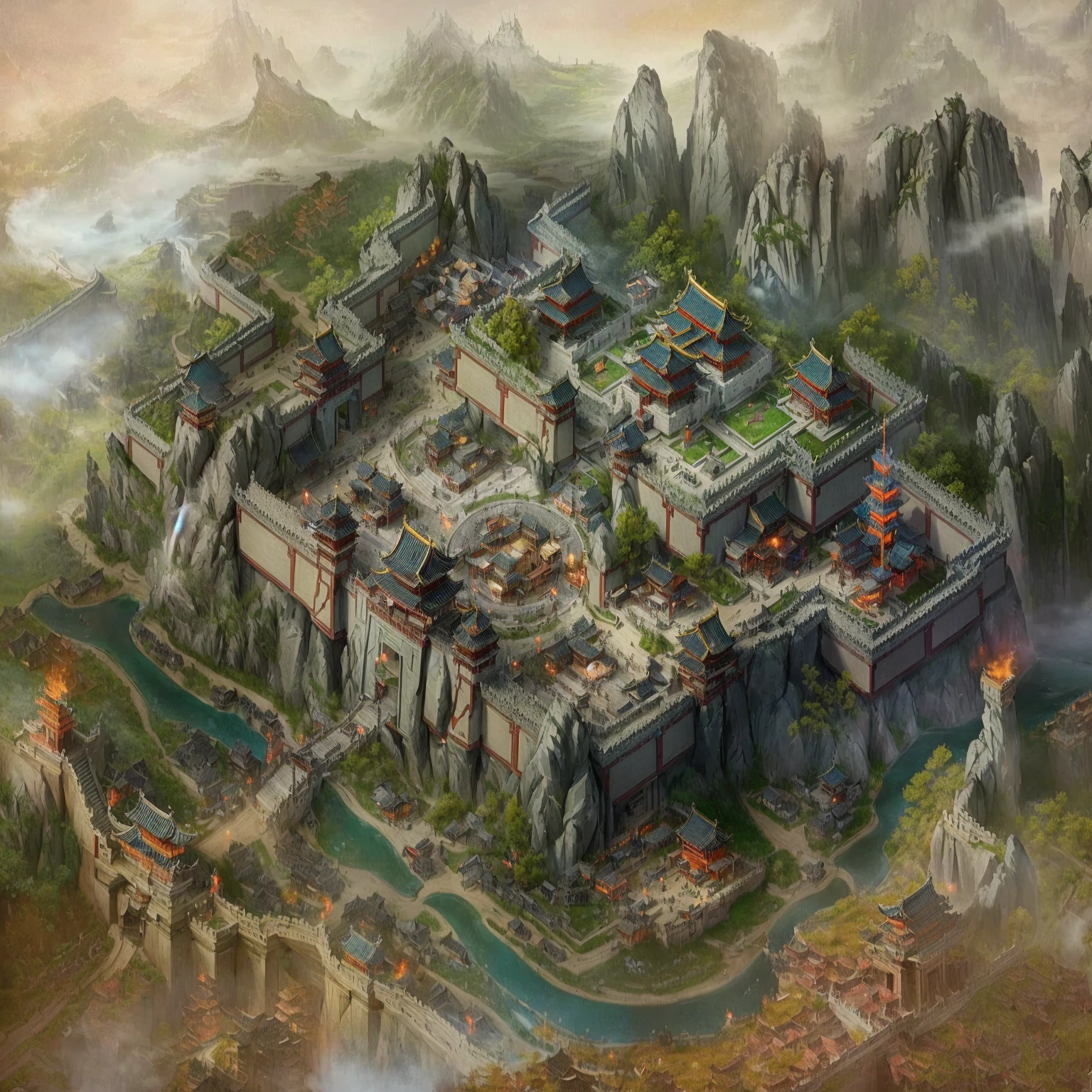 There is a building,There are many buildings on it, Beautiful rendering of the Tang Dynasty, Three Kingdoms of China, Game map painting, G Liulian art style, author:Yang J, Ancient city landscape, China Village, Cyberpunk Chinese Ancient Castle, Isometric Game Art, author 王鹗, by Li Zai, author:Ni Yuanlu, Steam Workshop Map