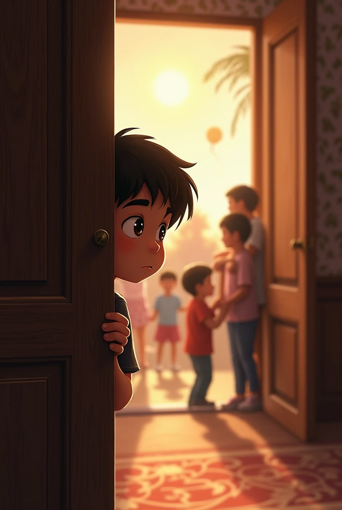 A boy is watching the happiness of others from behind the door