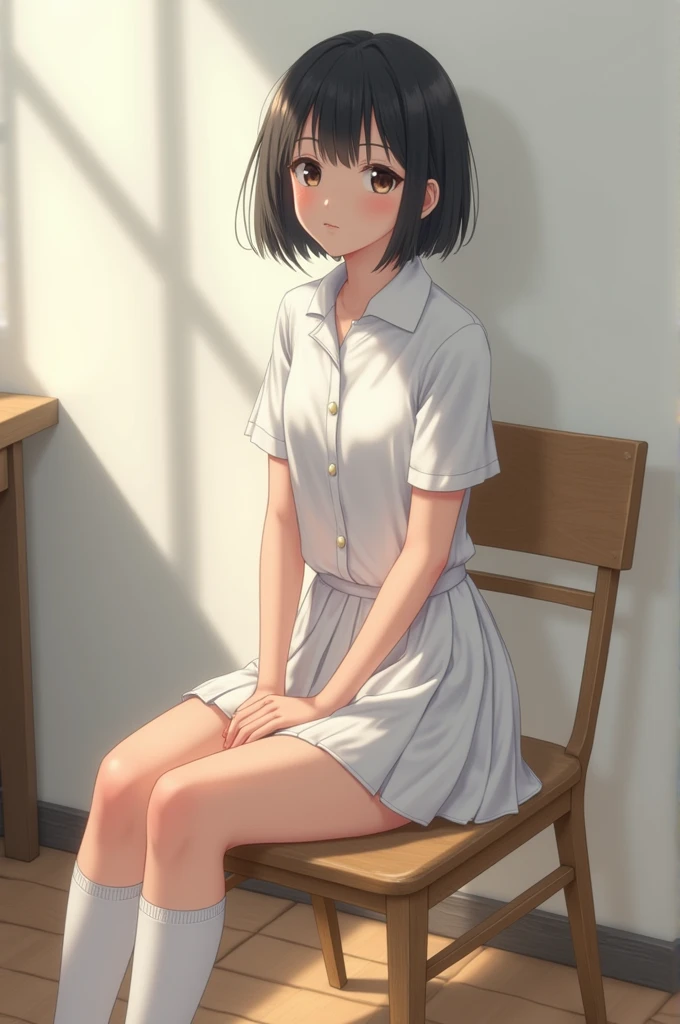 A real school girl wearing white school dress and white socks and panty. sitting in chair