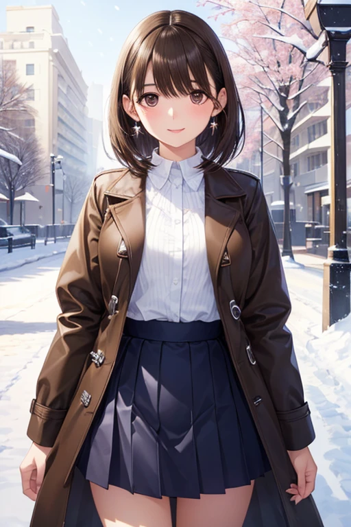 anegasaki nene、Shiny brown hair, short hair, (Beautiful brown eyes、Sparkling eyes, Fine grain)、smile、Ultra-detailed eyes、Highly detailed face, Highly detailed eyes,Cowboy Shot、



 alone, Very delicate, masterpiece, Highest quality, High resolution, ondr, One person, coat, skirt, Outdoor, snow, Cowboy Shot,