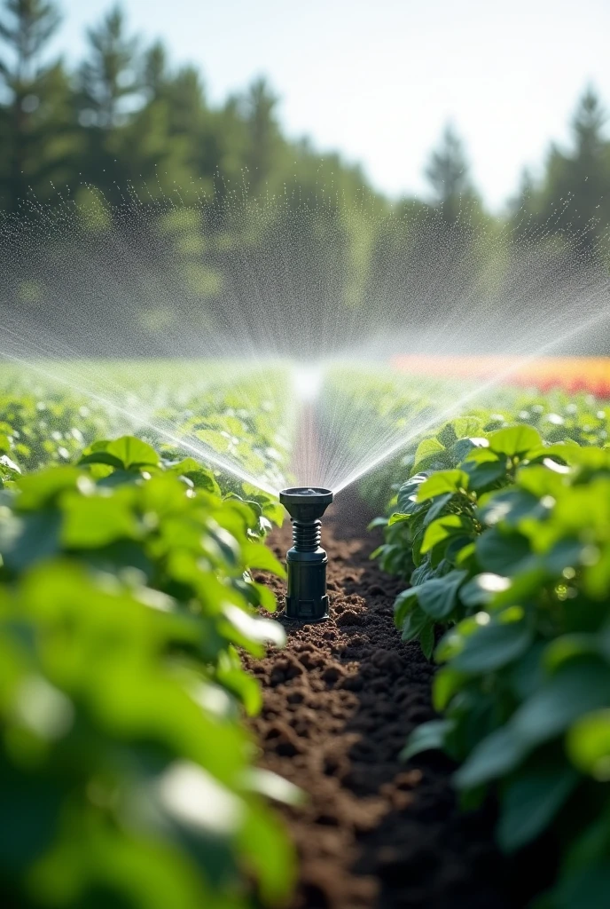 An agricultural water sprinkler system designed for plants. The system features a large water container connected to a hose leading to a sprinkler. A sensor is embedded in the soil near the plants to detect when the soil is dry. When dryness is detected, the sensor triggers the sprinkler to water the plants automatically. The image showcases this process in action, with water being evenly distributed over a garden or field. MUCH BIGGER CONTAINER