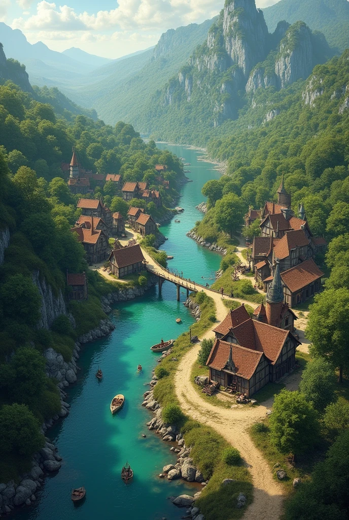 A medieval RPG map with a wide river and in its bed a small fishing town with a tavern in the center, surrounded by dense forest and a dirt road leading to a cave copper mine.