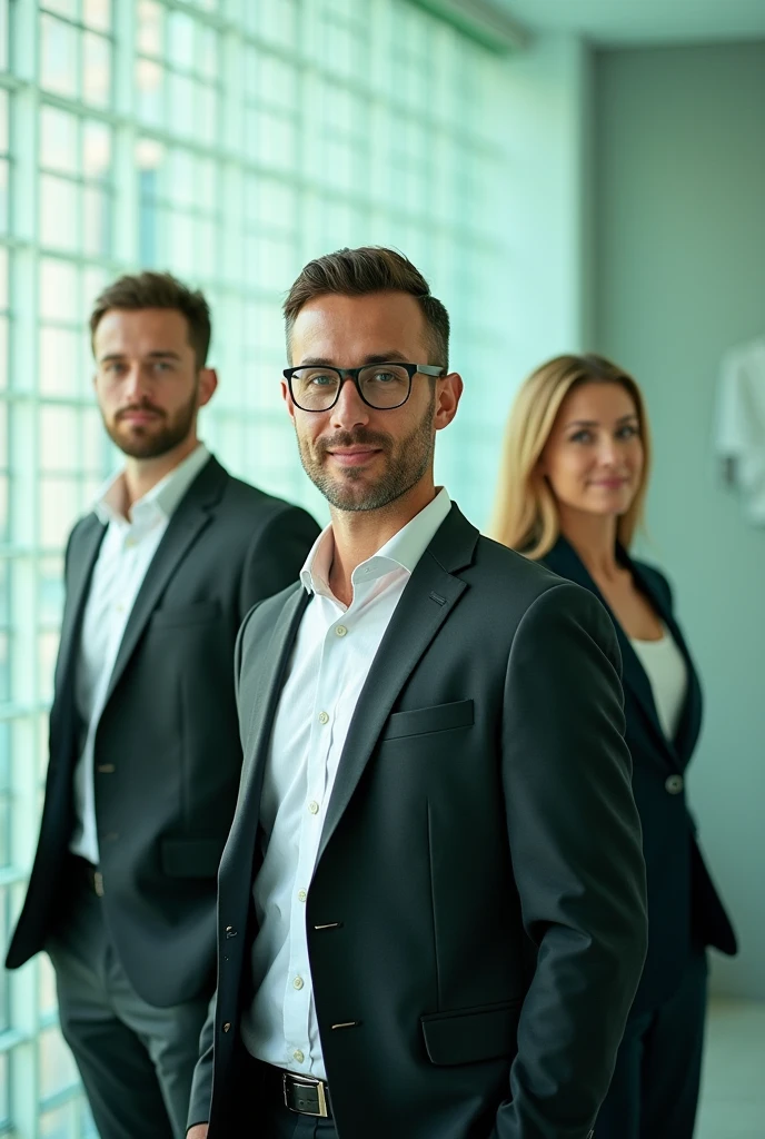 Create a profile picture for the financial sector contact on WhatsApp, composed of 3 people, from the company Massfix, a Brazilian glass recycling company. The image must convey professionalism and seriousness, reflecting the financial and environmental nature of the company.
Elements to Include:
fund: Use a fund that refers to the glass recycling sector, like a shade of green or light blue, with a light texture reminiscent of recycled glass.
logo: Portray a recycling-focused logo with a touch of finance, that conveys friendliness and professionalism Visual Elements: Add subtle icons or graphic elements related to the financial sector, as discrete financial graphics or symbols in the background or corner of the image.
Also include a small Massfix logo to reinforce the company identity..
styled: Maintain a modern, clean style, with a focus on clarity and elegance. The image must be suitable for use on professional platforms and convey a sense of competence and confidence..
colors: Use uma paleta de cores que combine com o branding da Massfix, predominantly green and blue, with neutral touches to create a balanced and professional look.