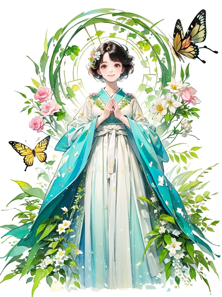 (masterpiece、Highest quality、Highest quality、Beautiful and beautiful:1.2)、Excellent anatomy、(Watercolor painting 1.5)、Composition looking up from a low position、Long Shot、Straight short hair picture、Beautiful smile、Butterfly fairy costume、Pure white、Pure、charm、Colorful flowers, Flowers and leaves green wind、Botanical Art, Mr.々A pose