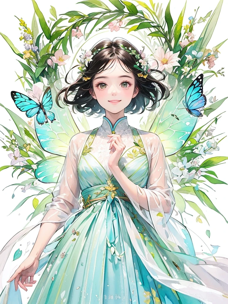 (masterpiece、Highest quality、Highest quality、Beautiful and beautiful:1.2)、Excellent anatomy、(Watercolor painting 1.5)、Composition looking up from a low position、Long Shot、Straight short hair picture、Beautiful smile、Butterfly fairy costume、Pure white、Pure、charm、Colorful flowers, Flowers and leaves green wind、Botanical Art, Mr.々A pose