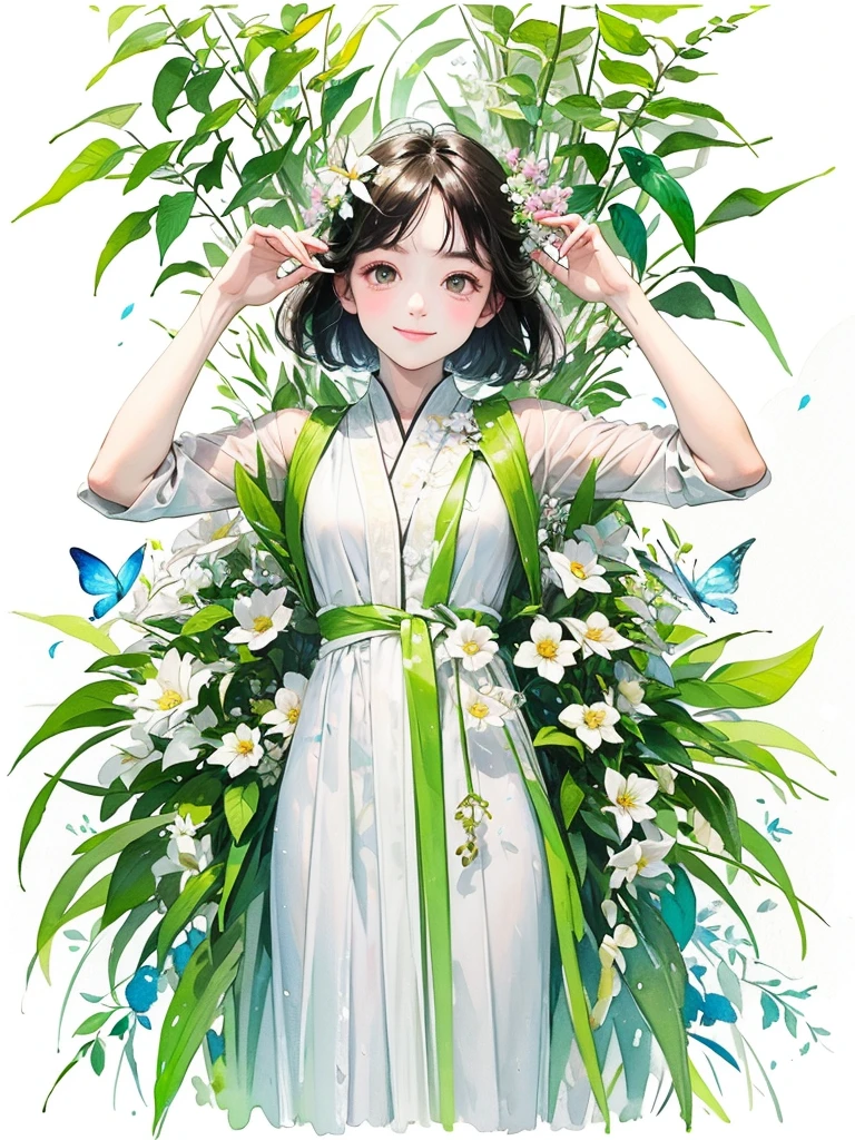 (masterpiece、Highest quality、Highest quality、Beautiful and beautiful:1.2)、Excellent anatomy、(Watercolor painting 1.5)、Composition looking up from a low position、Long Shot、Straight short hair picture、Beautiful smile、Butterfly fairy costume、Pure white、Pure、charm、Colorful flowers, Flowers and leaves green wind、Botanical Art, Mr.々A pose
