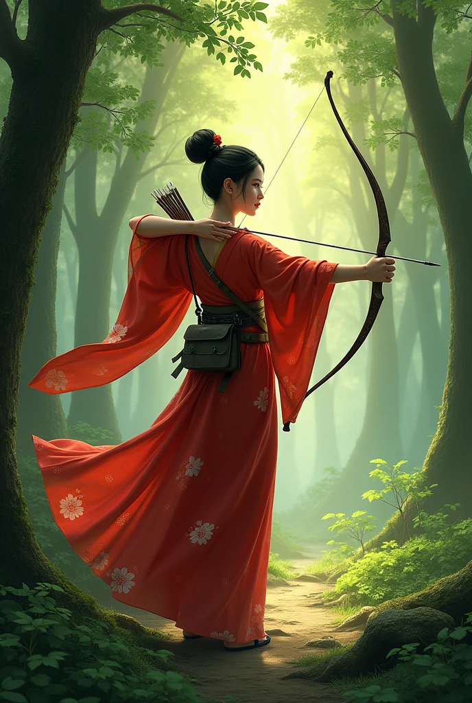 In the forest, a woman in a red kimono with a bow and arrow in her right hand