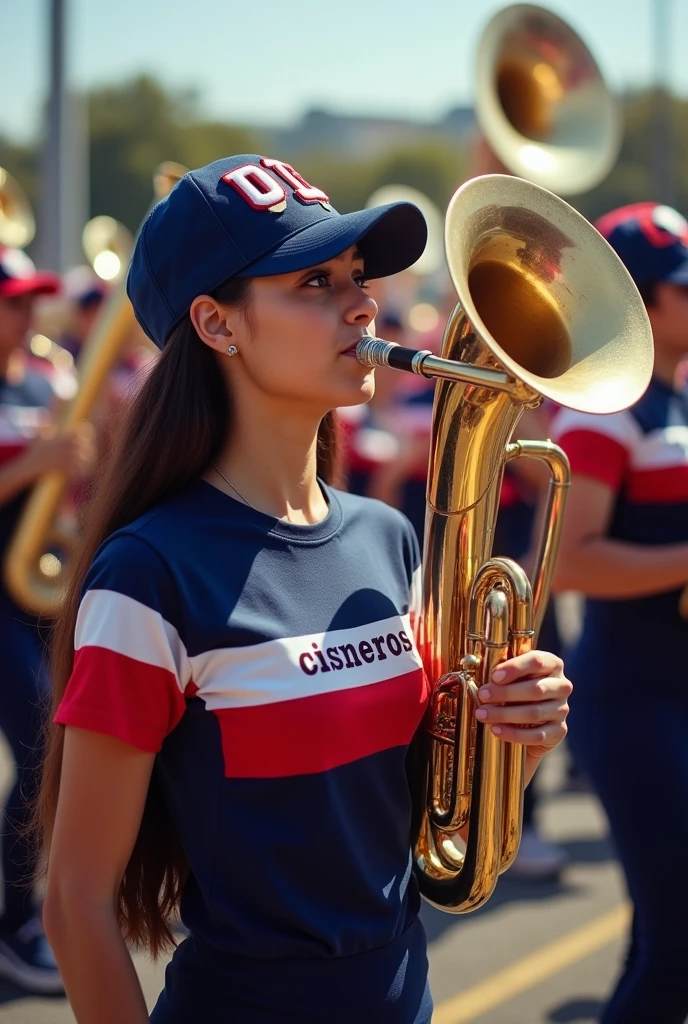 Woman wearing a navy blue, red and white t-shirt that says "Cisneros" playing a tuba in a marching band